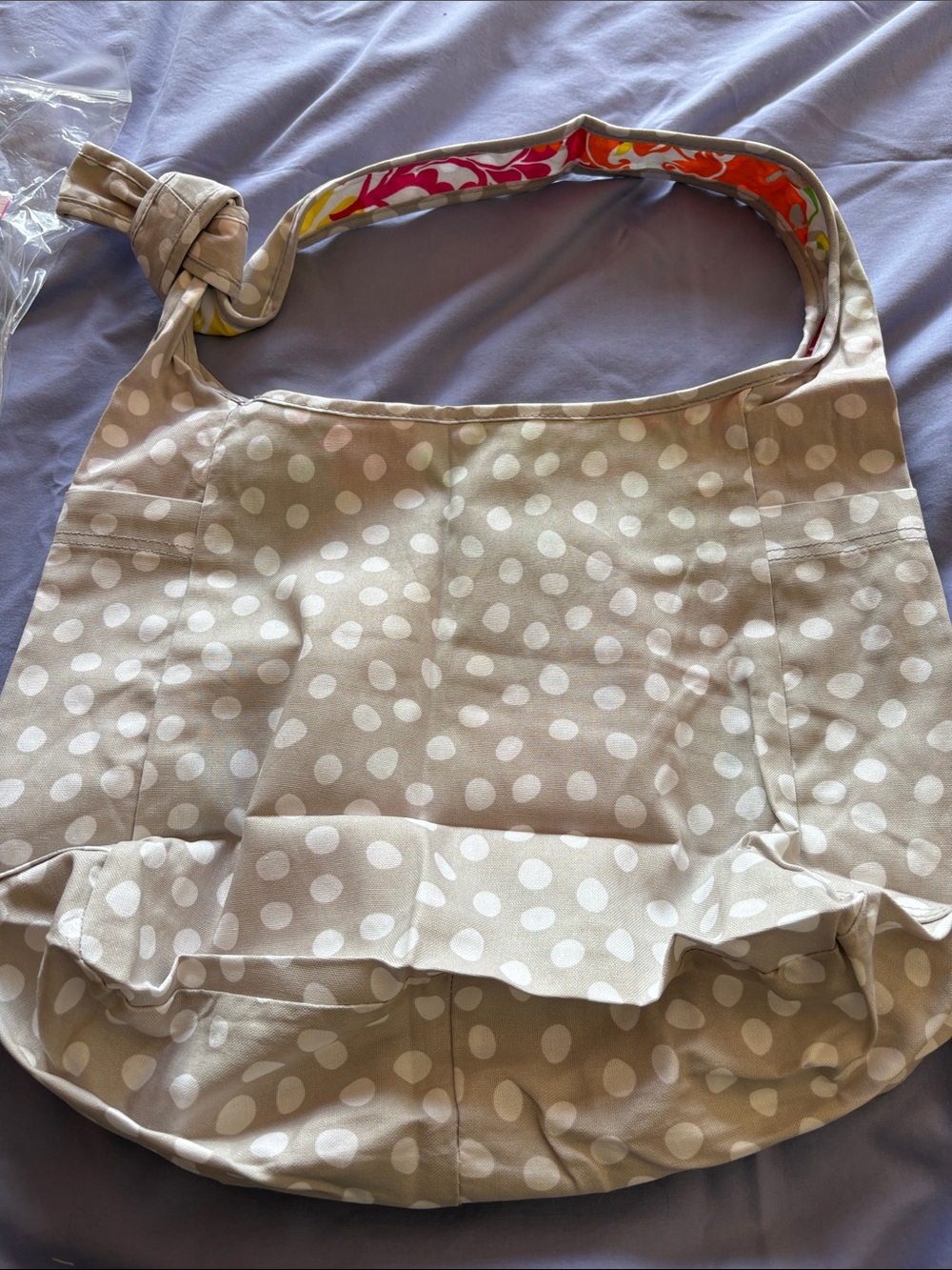 Lotsa Dots Beige Polka Dot Inside-Out Shoulder Bag with Colorful Lining
